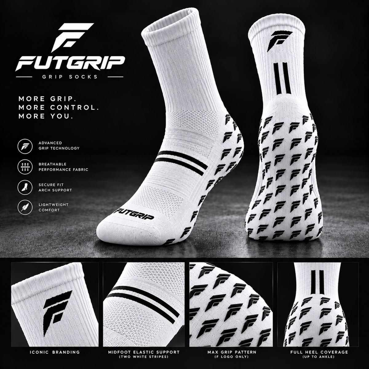 FUTGRIP Pro White Soccer Grip Socks