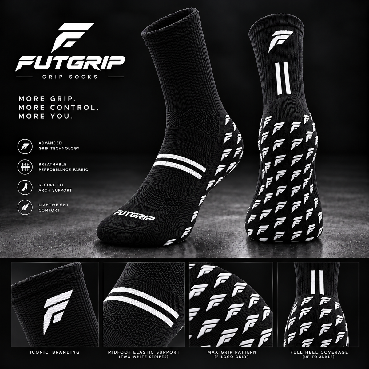 FUTGRIP Pro Black Soccer Grip Socks